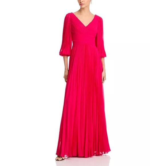 Teri Jon by Rickie Freeman Fuchsia Chiffon Pleated V-Neck Long Sleeve Gown  18